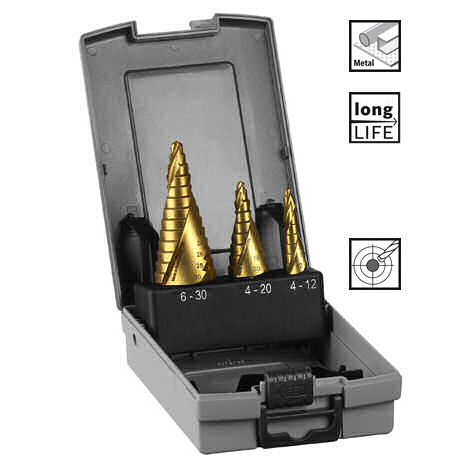 Bosch Stufenbohrerset HSS-TIN 3-teilig, Ø 4-12 mm,Ø 4-20 mm, Ø 6-30 mm