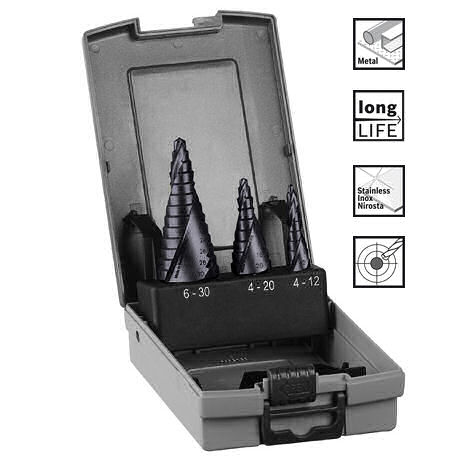 Bosch Stufenbohrerset HSS-AITiN. Ø 4-12 mm,  Ø 4-20 mm, Ø 6-30 mm